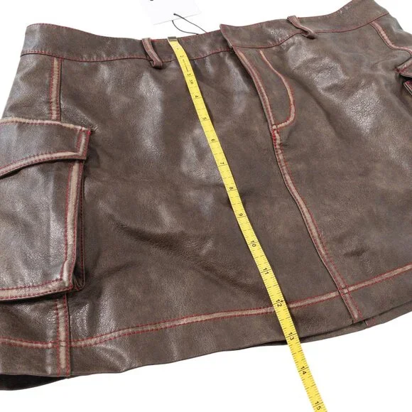 Princess Polly Brown Faux Leather Mini Skirt SZ 6 Biker Style Boho - Picture 5 of 6